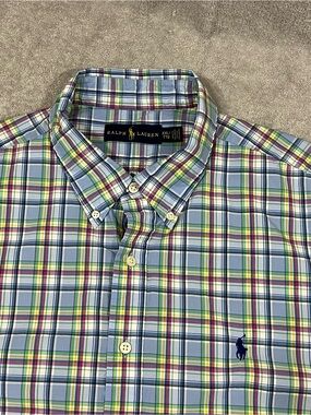 Ralph Lauren Mens XXL Blue Plaid Short Sleeve Button Down Shirt Cotton Pony Logo